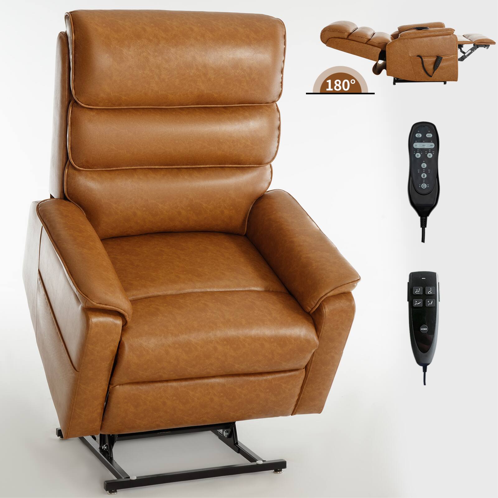 Alt View 7. LUCKY ONE - Leather Dual Motor Power Lift Recliner Chair with Massage and Heat, Infinite Position, Power-Remote - Yellow Brown.