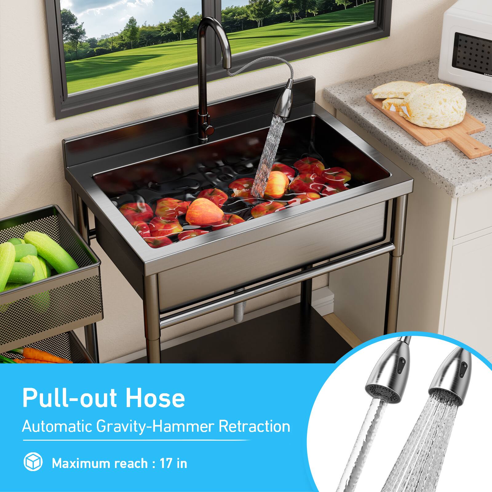 Pull-out Hose  
Automatic Gravity-Hammer Retraction  
Maximum reach: 17 in