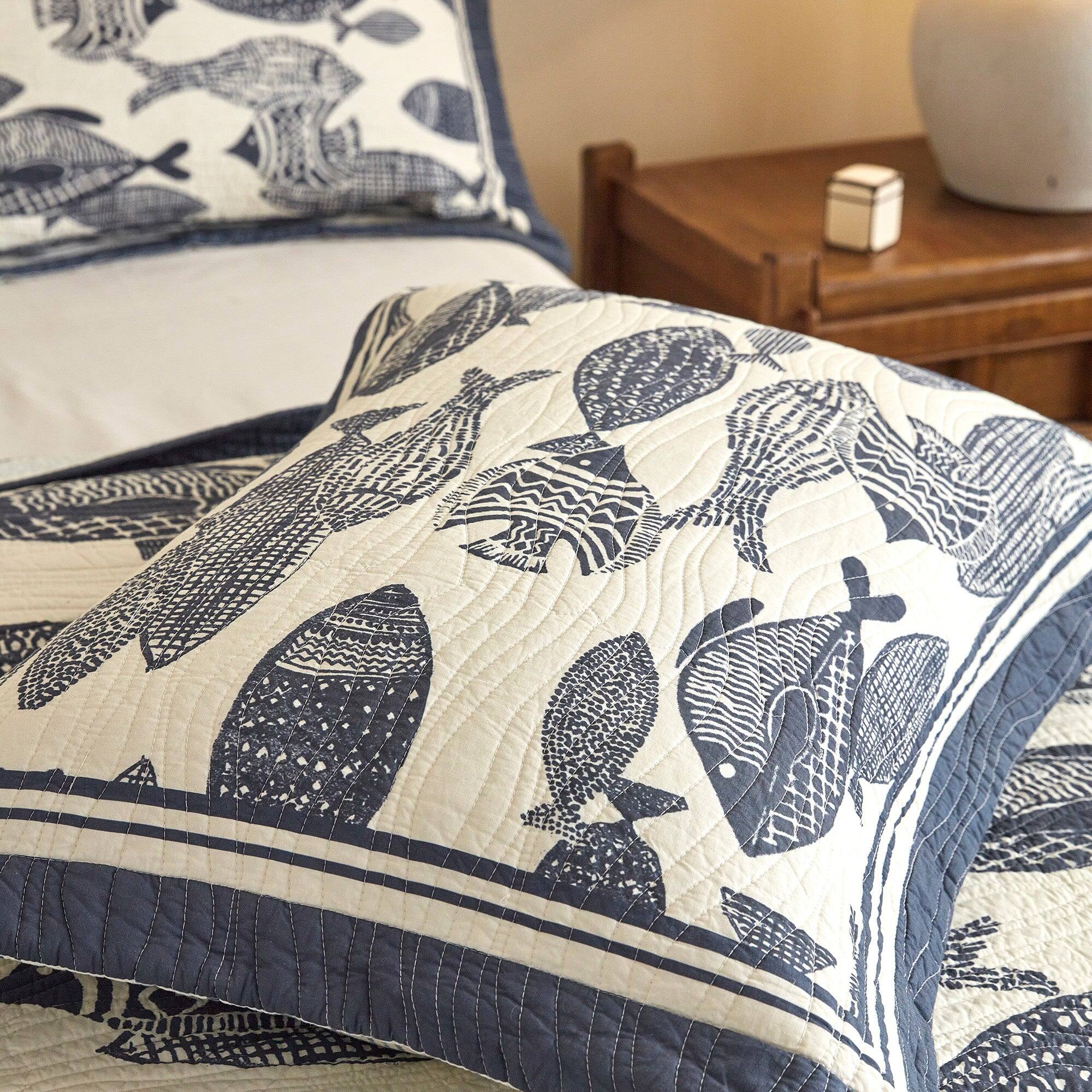 Back. MarCielo - Marcielo 3 Piece 100% Cotton Nautical Fish Print Quilt Bedspread Set - Coastal Blue.