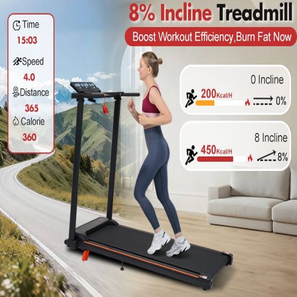 Time 15:03  
Speed 4.0  
Distance 365  
Calorie 360  

0 Incline 0%  
200 Kcal/H  

8 Incline 8%  
450 Kcal/H