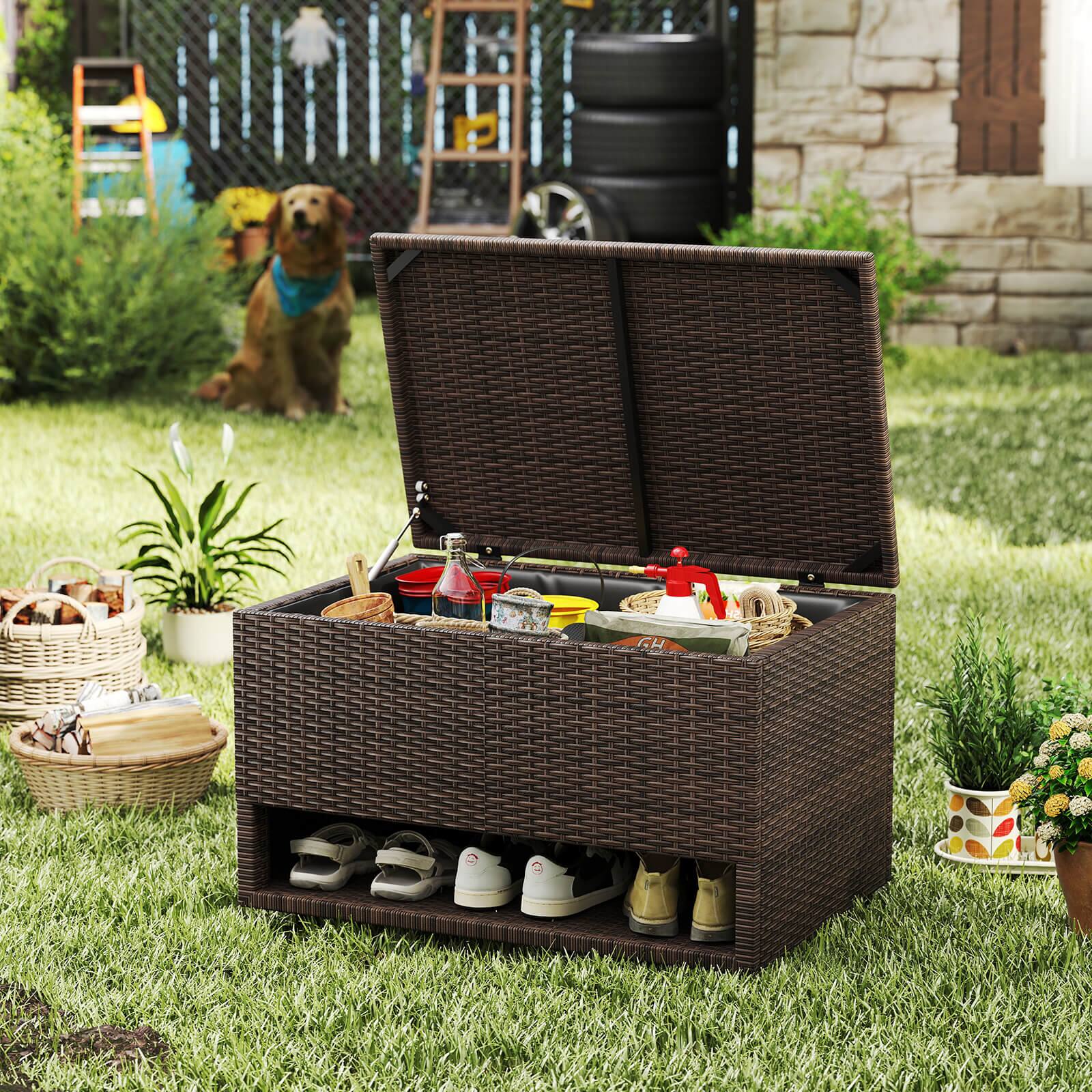 Alt View 3. Costway - Costway 48 Gallon Deck Box with Shoe Rack Waterproof Liner Lid Outdoor Storage Box - Brown.