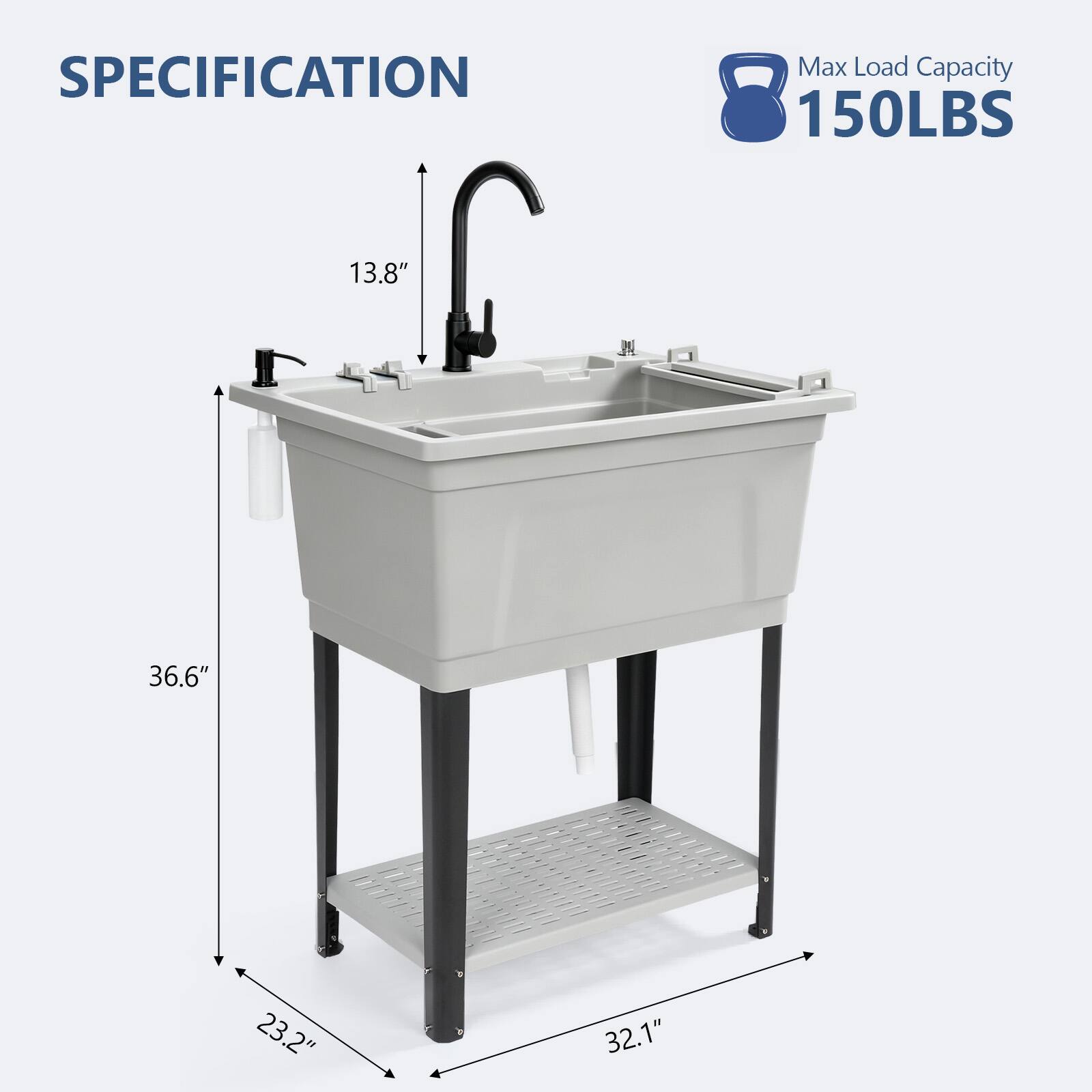 SPECIFICATION  
Max Load Capacity 150LBS  
13.8"  
36.6"  
23.2"  
32.1"