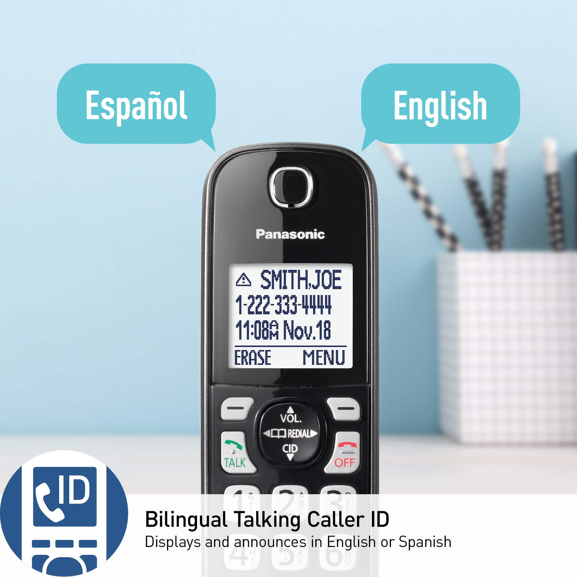 The text on the image is already grouped and correctly written. It reads: "Bilingual Talking Caller ID displays and announces in English or Spanish. Panasonic SMITHJOE 1-222-333-4444 11:08A Nov. 18 ERASE MENU ID VOL. REDIAL CID TALK OFF 1 [2 3 DEE Bilingual Talking Caller ID."