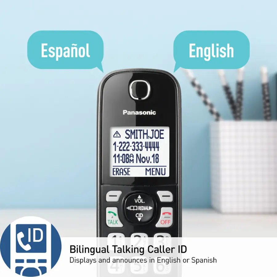 The text on the image is already grouped and correctly written. It reads: "Bilingual Talking Caller ID displays and announces in English or Spanish. Panasonic SMITHJOE 1-222-333-4444 11:08A Nov. 18 ERASE MENU ID VOL. REDIAL CID TALK OFF 1 [2 3 DEE Bilingual Talking Caller ID."