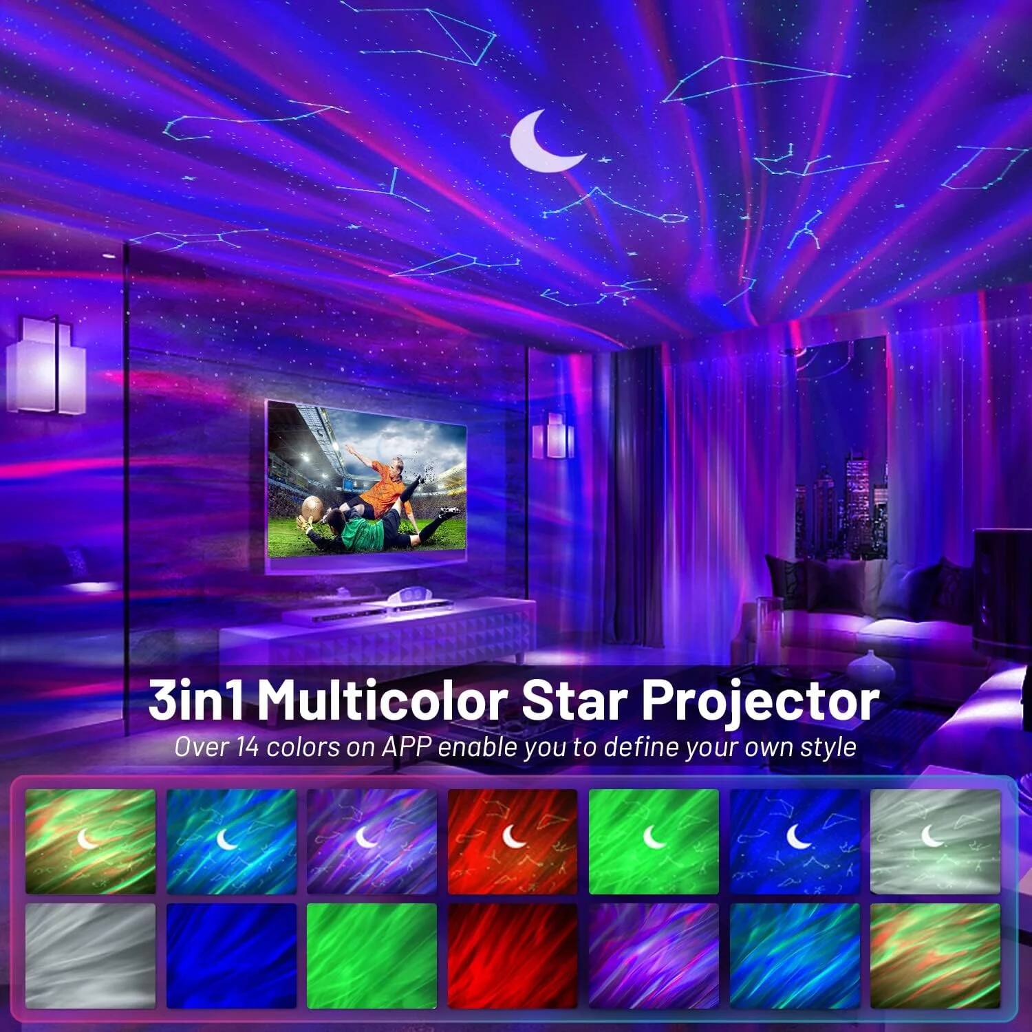 3in1 Multicolor Star Projector  
Over 14 colors on APP enable you to define your own style