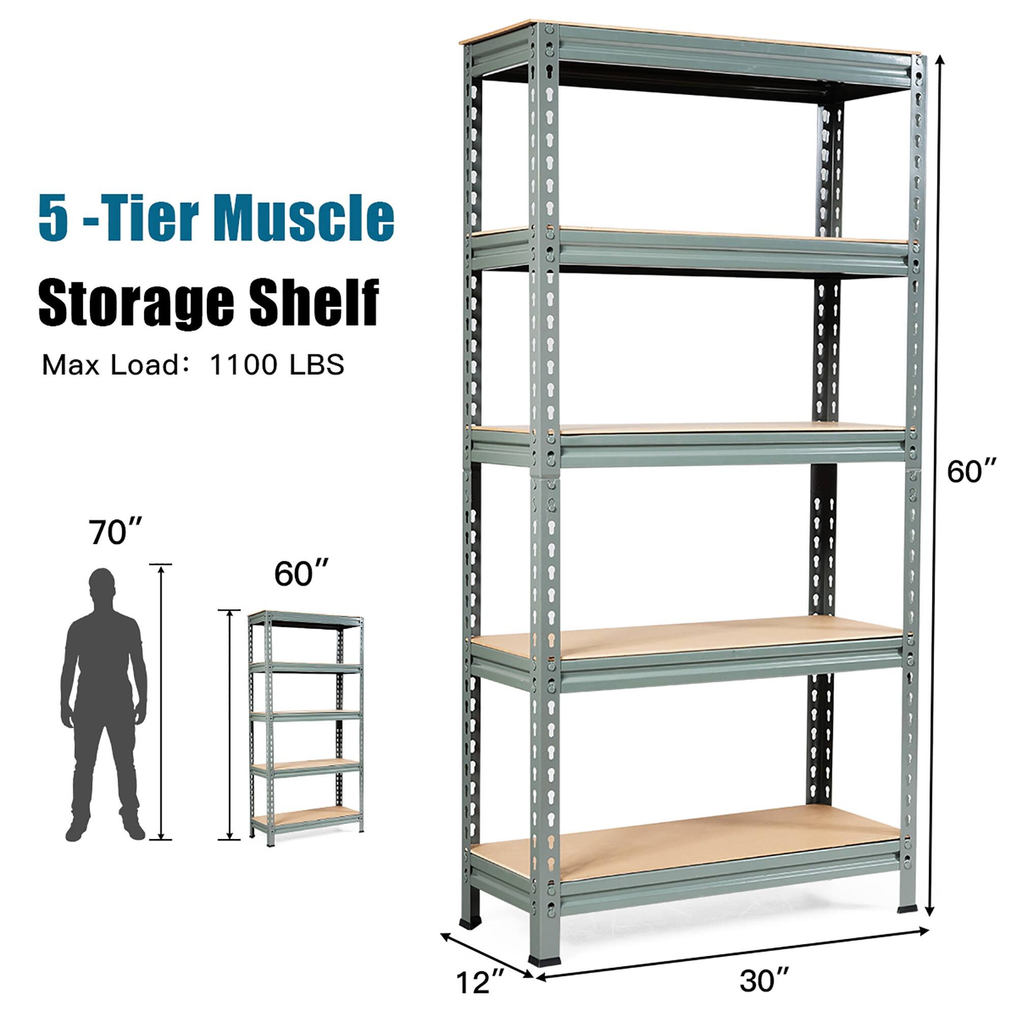 5-Tier Muscle Storage Shelf  
Max Load: 1100 LBS  

70"  
60"  
12"  
30"  
60"