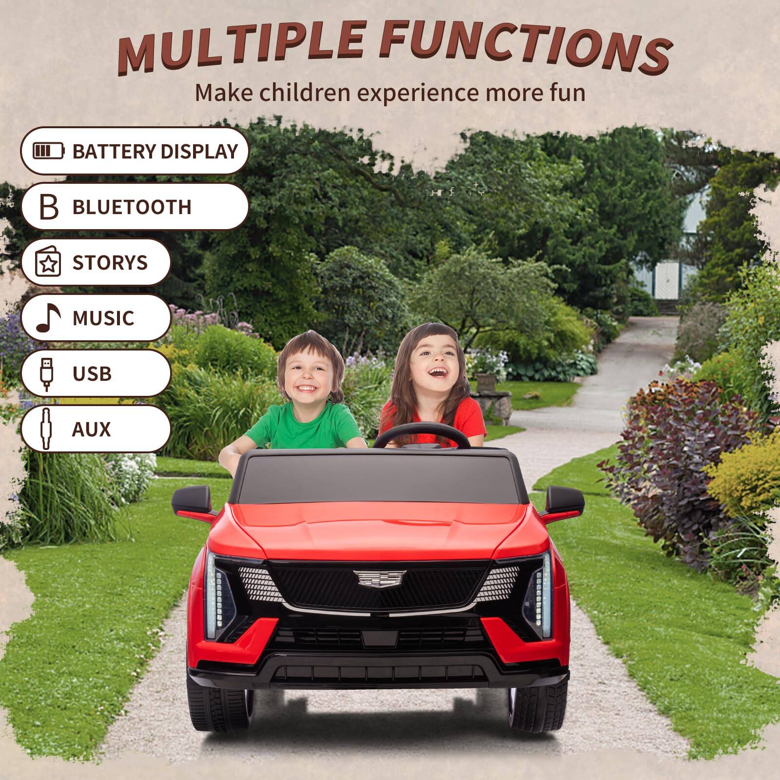 MULTIPLE FUNCTIONS  
Make children experience more fun

- BATTERY DISPLAY
- BLUETOOTH
- STORYS
- MUSIC
- USB
- AUX