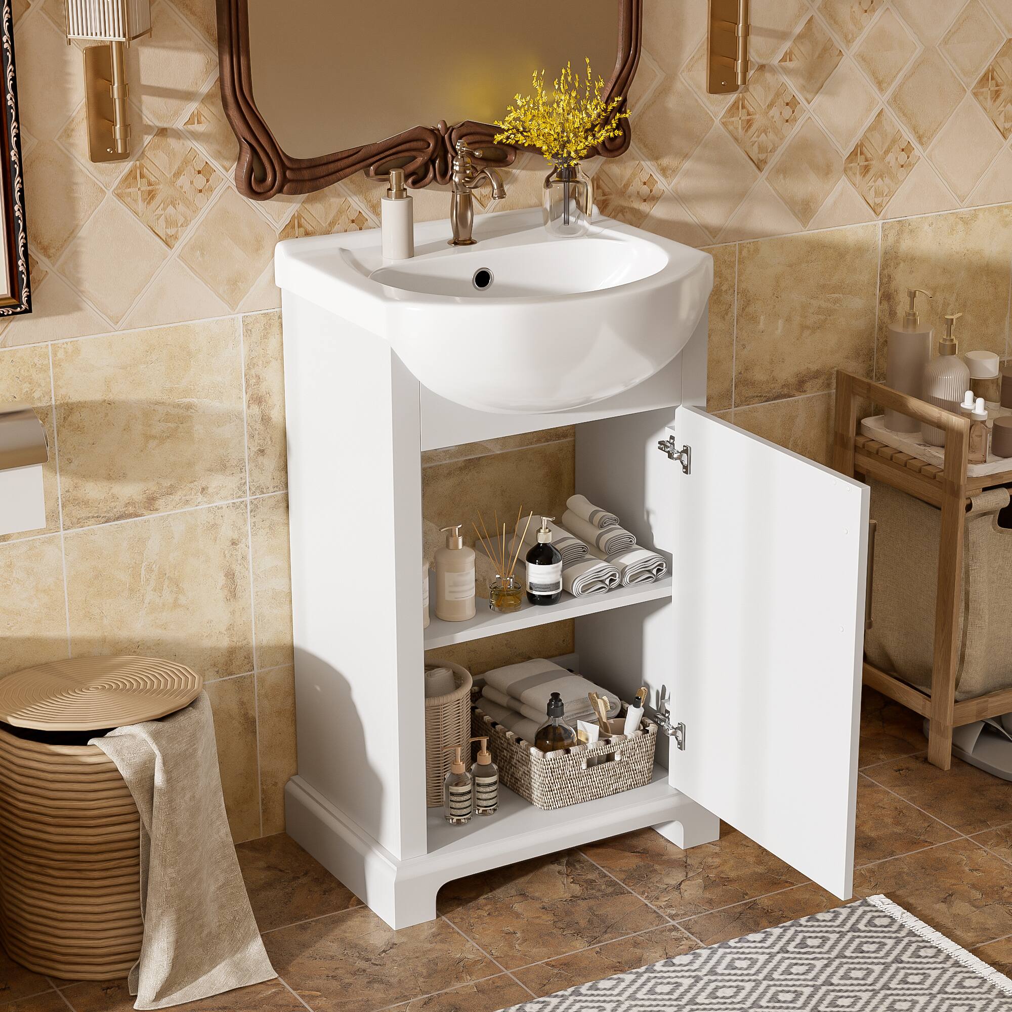 Angle. JUJABU - 20 in. White Freestanding Bathroom Vanity with Ceramic Sink, Soft Closing Door, Bulged Ceramic Basin - White.