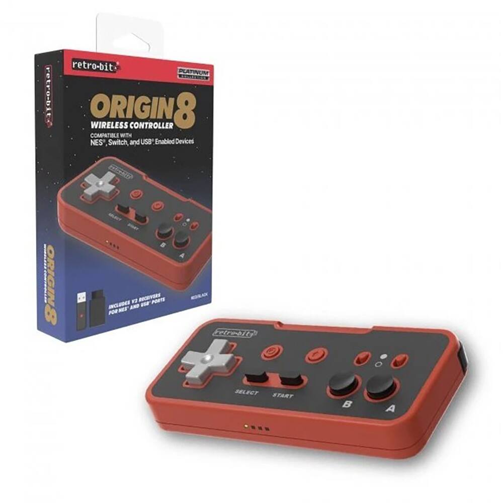 retro-bit PLATINUM ORIGIN8 WIRELESS CONTROLLER COMPATIBLE WITH NES, Switch, and USB Enabled Devices. Includes 2 Receivers for NES and USB Ports. Features SELECT, START, A, B, and directional buttons.