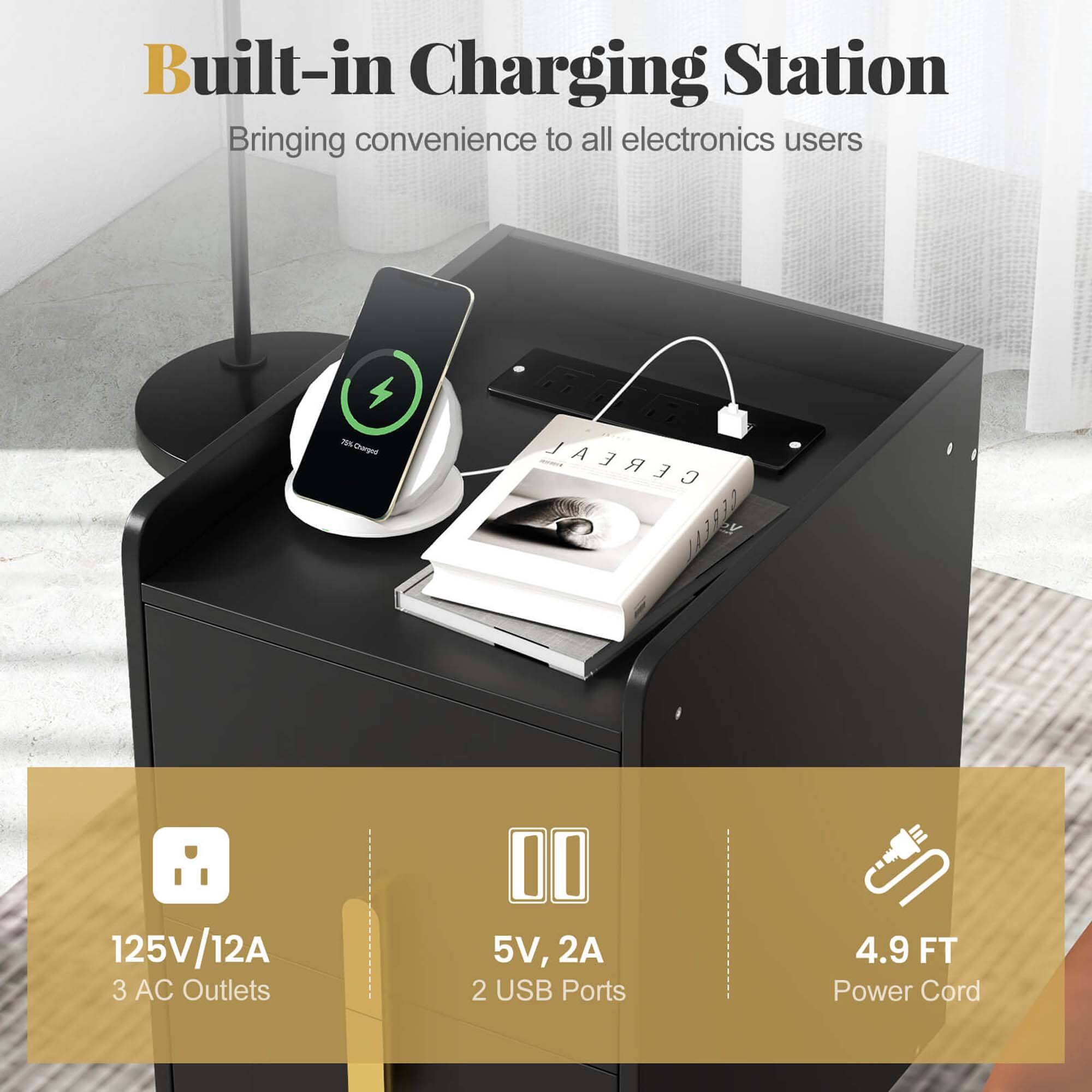Built-in Charging Station: Bringing convenience to all electronics users. 1 Dengor CEREAL CUC 125V/12A, 3 AC Outlets, 5V, 2A, 2 USB Ports, 4.9 FT Power Cord.