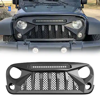 Front. AMERICAN MODIFIED - AMERICAN MODIFIED Front Grille w/Off Road Lights for 07-18 Jeep Wrangler JK - Matte Black.