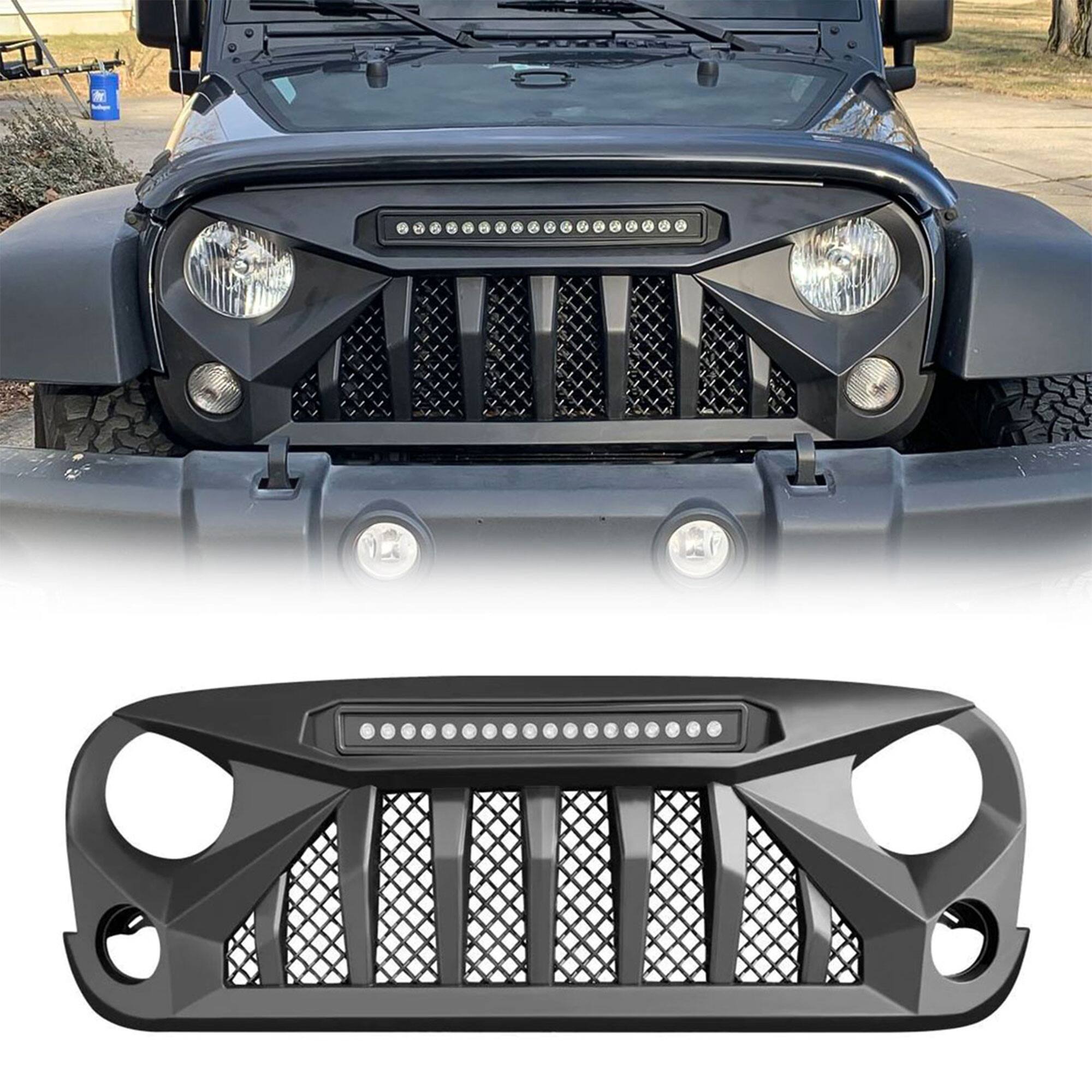 Front. AMERICAN MODIFIED - AMERICAN MODIFIED Front Grille w/Off Road Lights for 07-18 Jeep Wrangler JK - Matte Black.