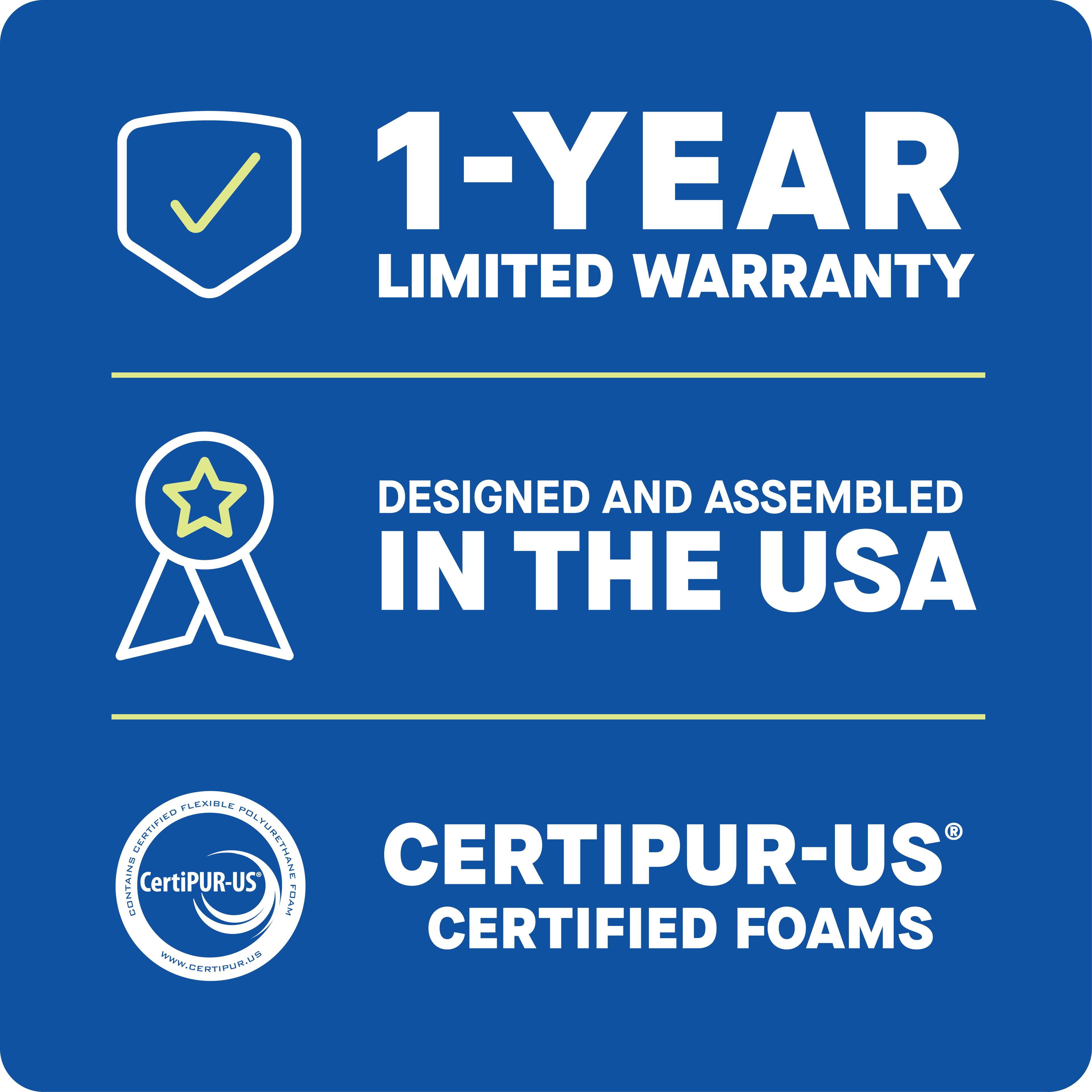 1-YEAR LIMITED WARRANTY
DESIGNED AND ASSEMBLED IN THE USA
CERTIPUR-US CERTIFIED FOAMS
www.certipur.us