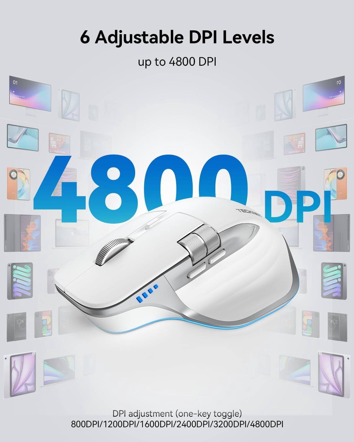 6 Adjustable DPI Levels up to 4800 DPI

4800 DPI

DPI adjustment (one-key toggle) 800DPI/1200DPI/1600DPI/2400DPI/3200DPI/4800DPI