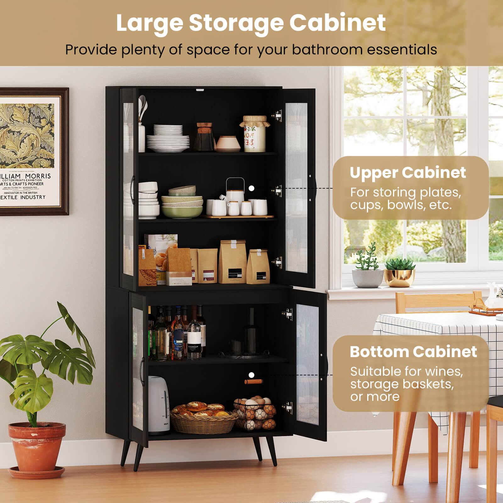 Large Storage Cabinet  
Provide plenty of space for your bathroom essentials  

Upper Cabinet  
For storing plates, cups, bowls, etc.  

Bottom Cabinet  
Suitable for wines, storage baskets, or more