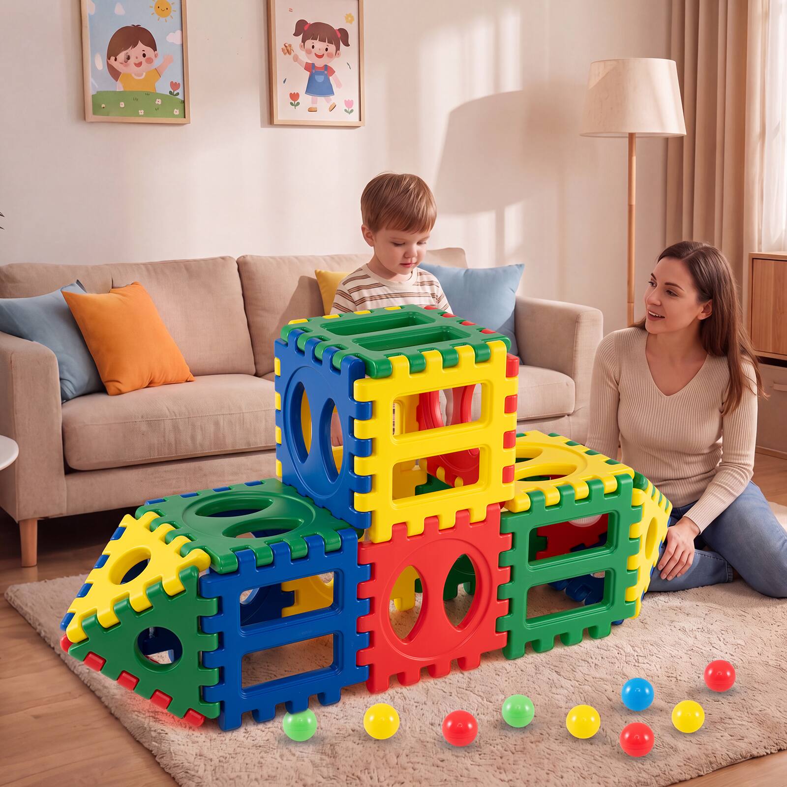 Alt View 1. Costway - Costway 32-Piece Oversized Waffle Block Set with 10 Ocean Balls, Grid Building Toys - Multicolor.