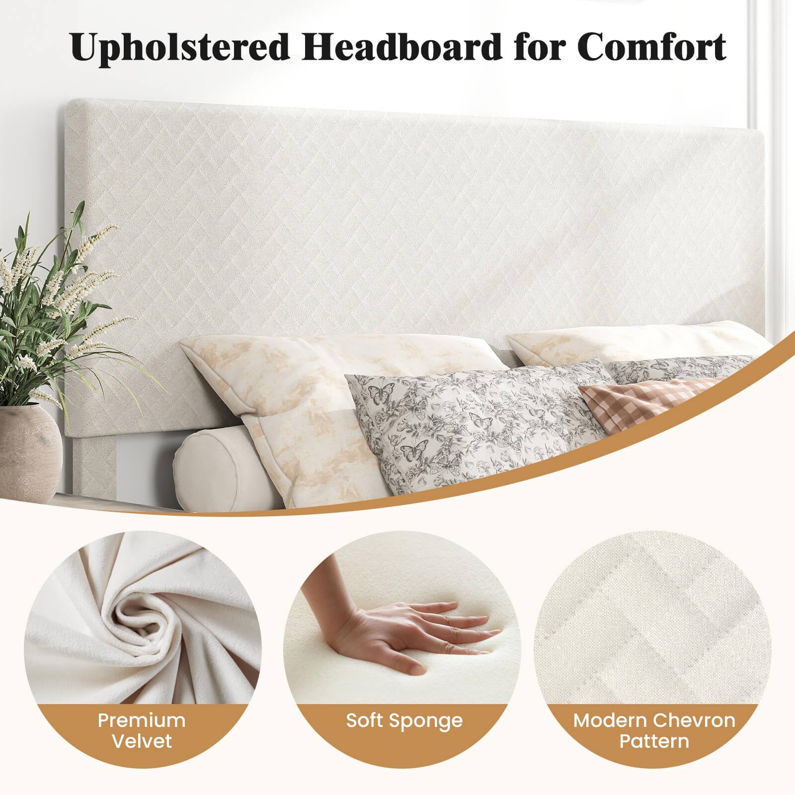 Upholstered Headboard for Comfort

Premium Velvet  
Soft Sponge  
Modern Chevron Pattern