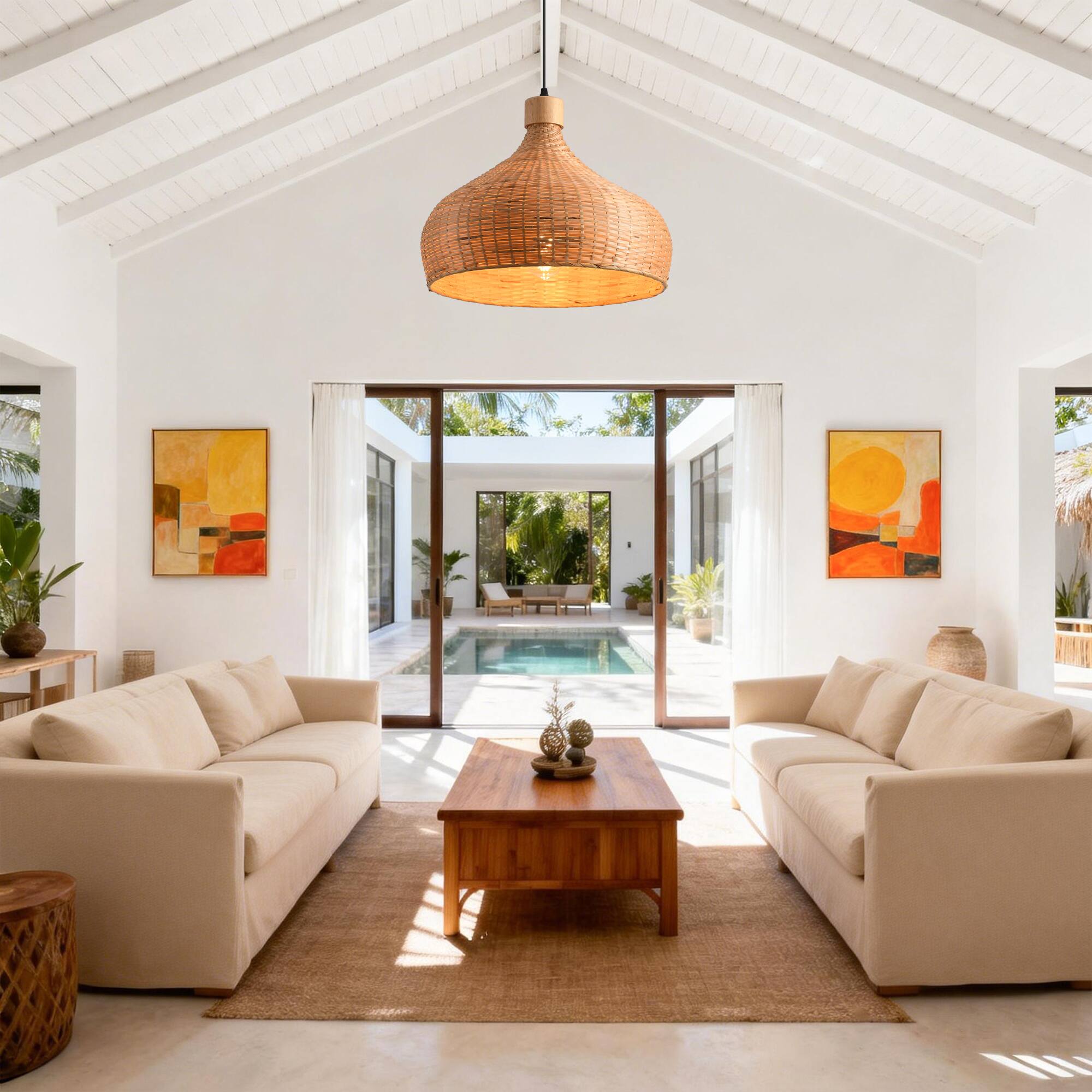 Angle. Parrot Uncle - 1-Light Retro Brown Handmade Bamboo Woven Dome Hanging Pendant Light - Brown.