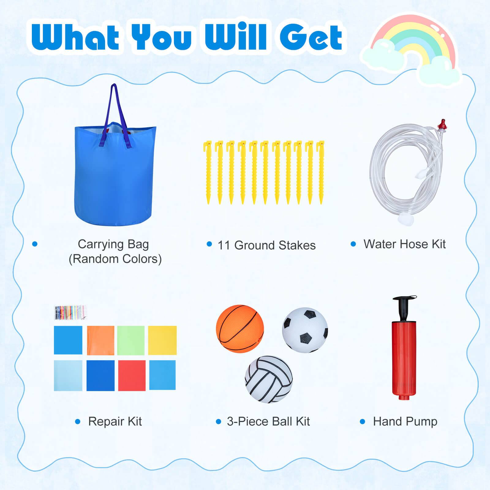What You Will Get

- Carrying Bag (Random Colors)
- 11 Ground Stakes
- Water Hose Kit
- Repair Kit
- 3-Piece Ball Kit
- Hand Pump