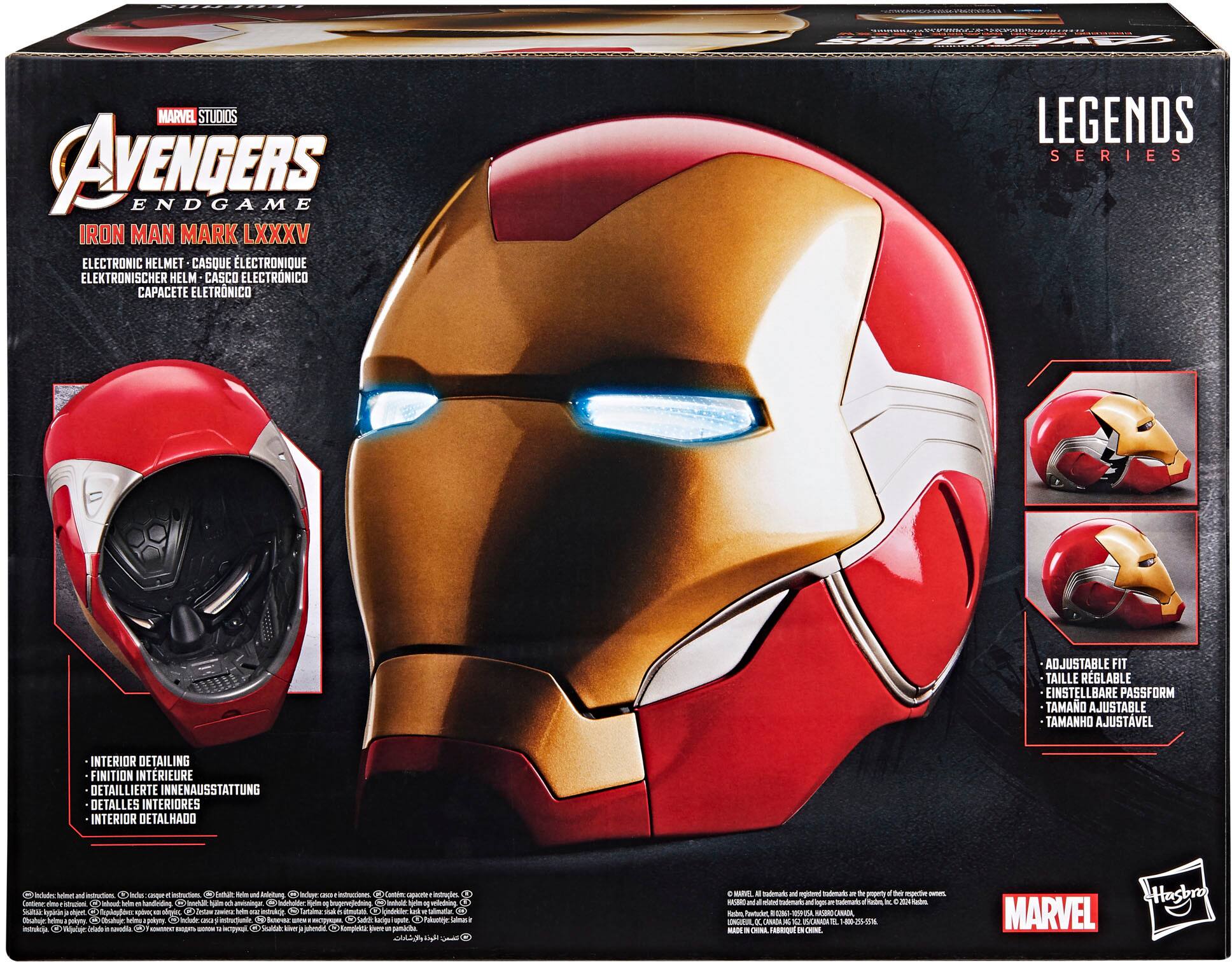 The text on the image is in French, so I cannot provide a corrected version in English. However, I can provide a brief summary of the text:

The image features a box containing a Marvel Legends Iron Man Mark LXXXV electronic helmet. The helmet is adjustable and fits various head sizes. The box also includes a mask, which is part of the helmet. The helmet is designed for fans of the Avengers Endgame movie.