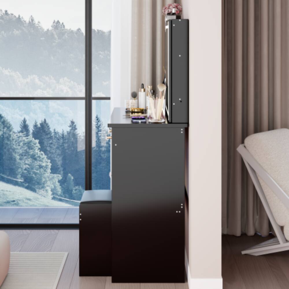 Alt View 2. LUCKY ONE - 37in Vanity Set with Large Sliding Mirror, Multi-Layer Storage and Stool for Bedroom - Black.