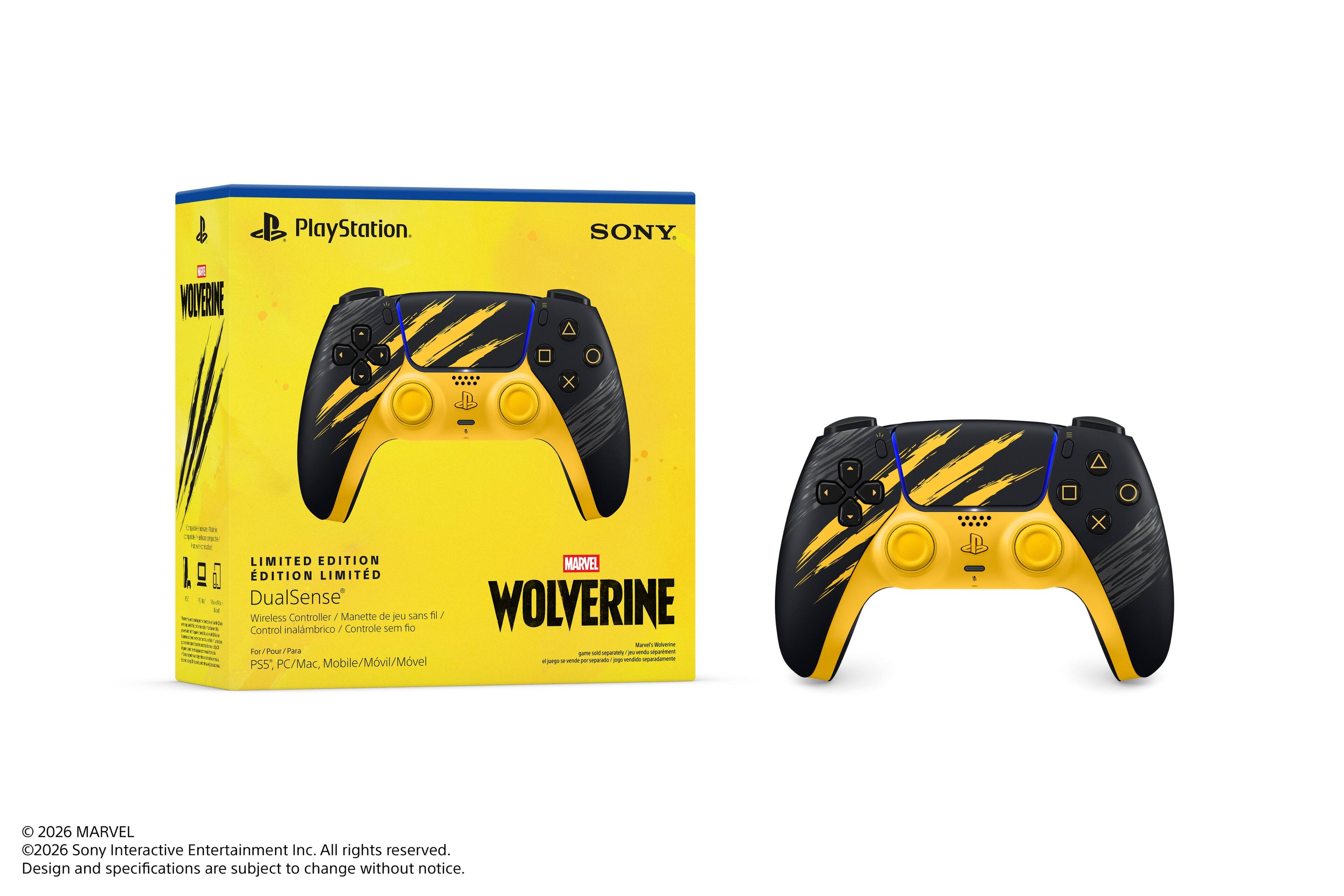 PlayStation  
SONY  
E WOYYERINE  
CHECK Say Criptics WEDNCK LIMITED EDITION MARVEL DITION LIMITD 9 5 - DualSense WOLVERINE Wireless Controller / Manette de jeu sans fil / TRITE Control inalambrico Controle sem fio - - - waveine For/Pour/Para save - simparamenterie OFF versity Mobile/Mvil/Mvel - unnuter, - - PSS*, PC/Mac, X  
2026 MARVEL  
2026 Sony Interactive Entertainment Inc. All rights reserved. Design and specifications are subject to change without notice.