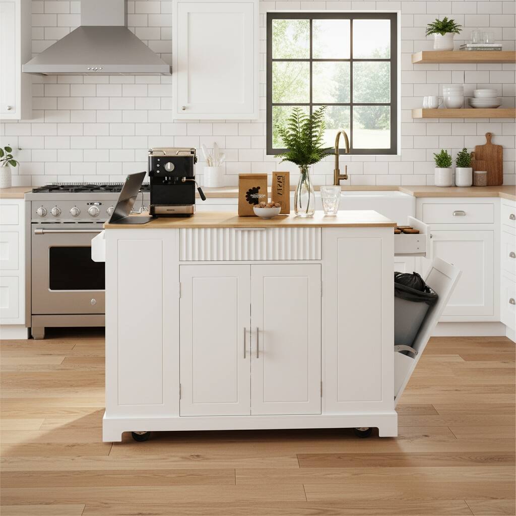 Left. Forest'nSky - Kitchen Island with Trash Can Storage Cabinet, Power Outlet with 3 Drawers & 3 Side Racks,White - White.
