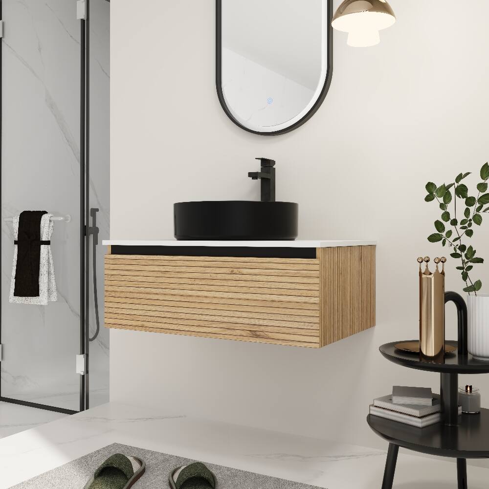 Back. Loheer - Loheer 30 inch wall mounted bathroom vanity Light Coffee with Black Art Ceramic Sink - Light Coffee.