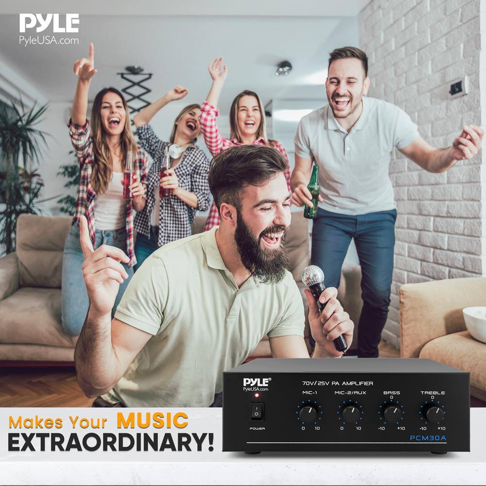PYLE  
PyleUSA.com  

70V/25V PA AMPLIFIER  
MIC-1 MIC-2/RUX  
BASS TREBLE  

Makes Your MUSIC EXTRAORDINARY!  

PCM30A