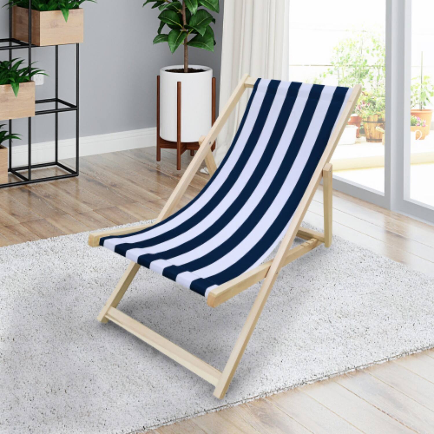 Alt View 1. Ecooso - populus wood sling chair blue Stripe Broad blue Stripe，folding chaise lounge chai - Dark Blue.