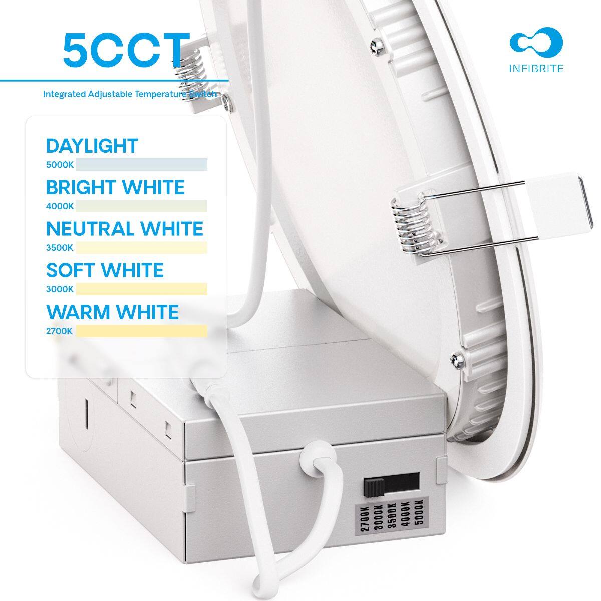 5CCT INFIBRITE Integrated Adjustable Temperature Switch

DAYLIGHT 5000K  
BRIGHT WHITE 4000K  
NEUTRAL WHITE 3500K  
SOFT WHITE 3000K  
WARM WHITE 2700K