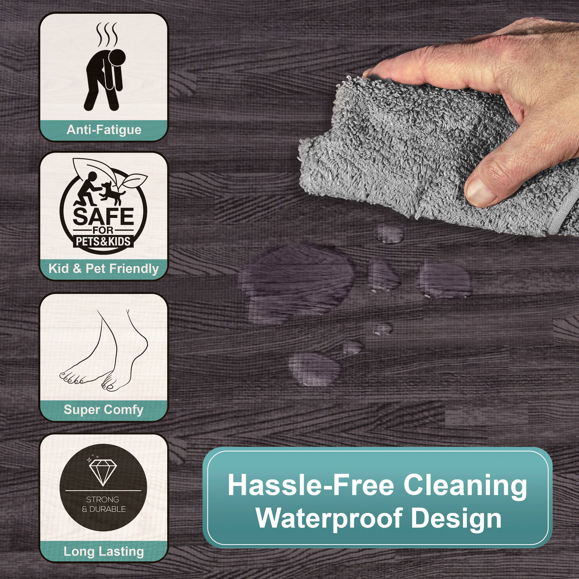 - Anti-Fatigue
- SAFE FOR PETS & KIDS
- Kid & Pet Friendly
- Super Comfy
- STRONG & DURABLE
- Long Lasting
- Hassle-Free Cleaning
- Waterproof Design