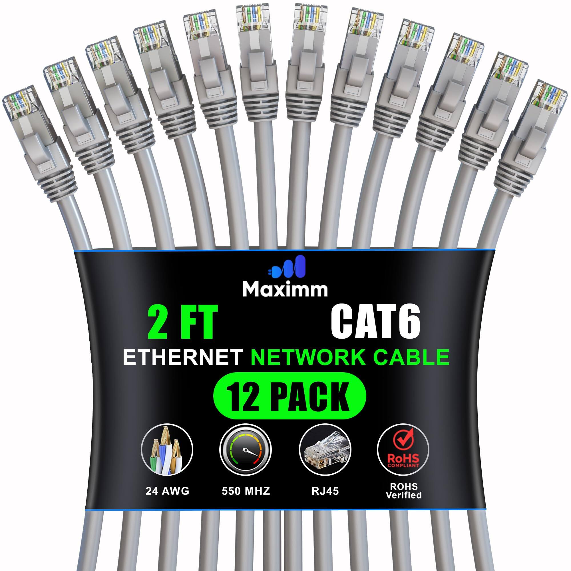 Maximm 2 FT CAT6 ETHERNET NETWORK CABLE 12 PACK  
RoHS COMPLIANT  
24 AWG  
550 MHZ  
RJ45  
ROHS Verified