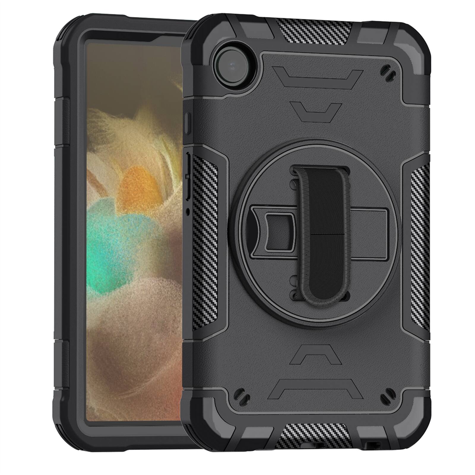 Angle. Dteck - Shockproof Case for Samsung Galaxy Tab A9 with Shoulder Hand Strap, Kid Friendly Rugged Cover with 360 Rotating Stand - Black.