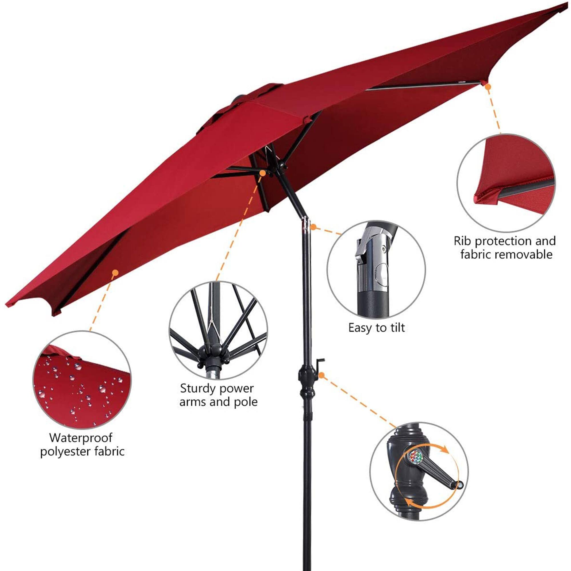 Rib protection and fabric removable
Sturdy power arms and pole
Easy to tilt
Waterproof polyester fabric