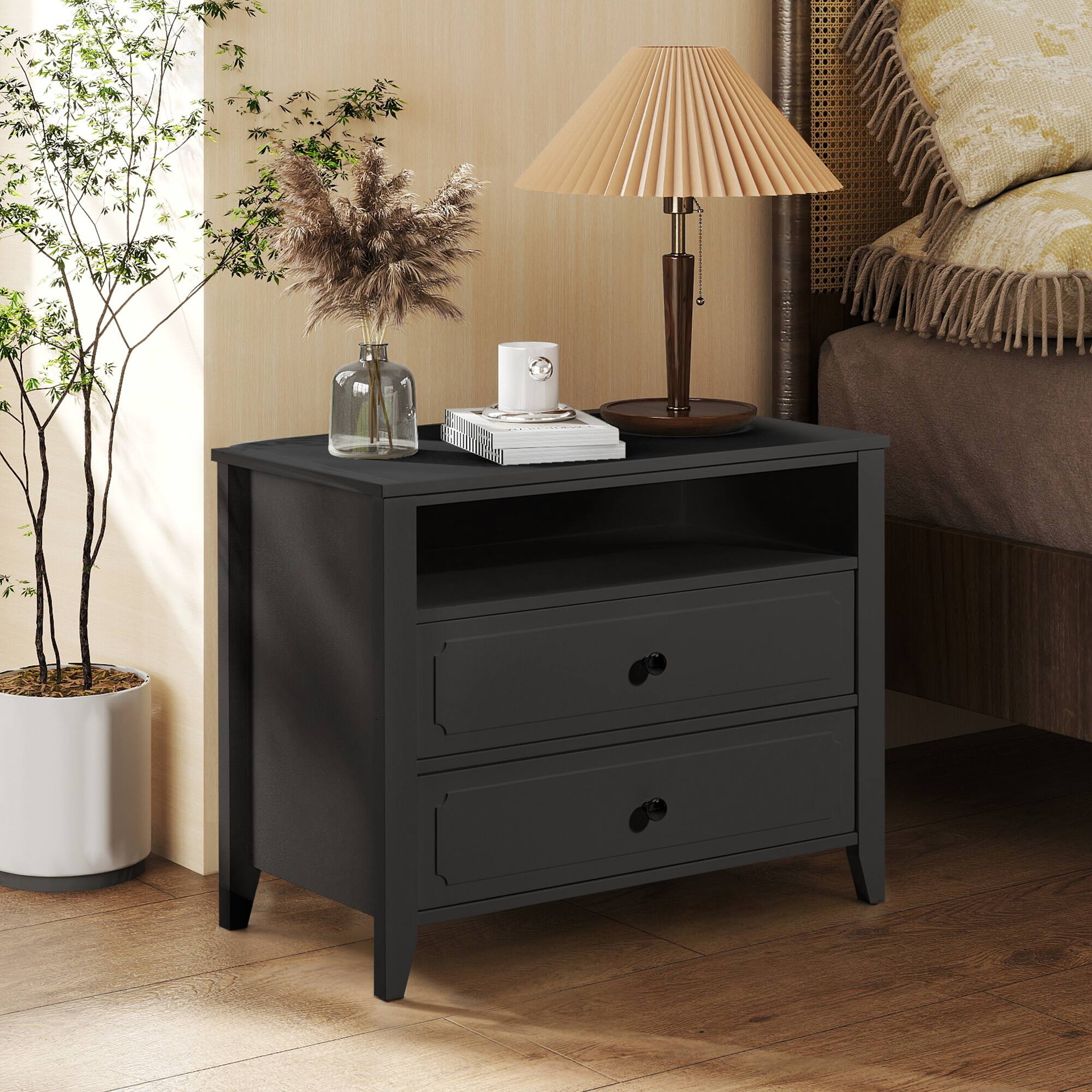 Left. U-HOMY - Modern 2-Drawer Nightstand with Open Shelf, Wide Bedside Table with Solid Wood Legs for Bedroom Storage - Black.