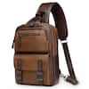 Front. Unique Bargains - Vintage PU Leather Sling Backpack, Crossbody Shoulder Bag with Adjustable Strap, Multi-Pocket Compact Travel Chest Bag - Light Brown.
