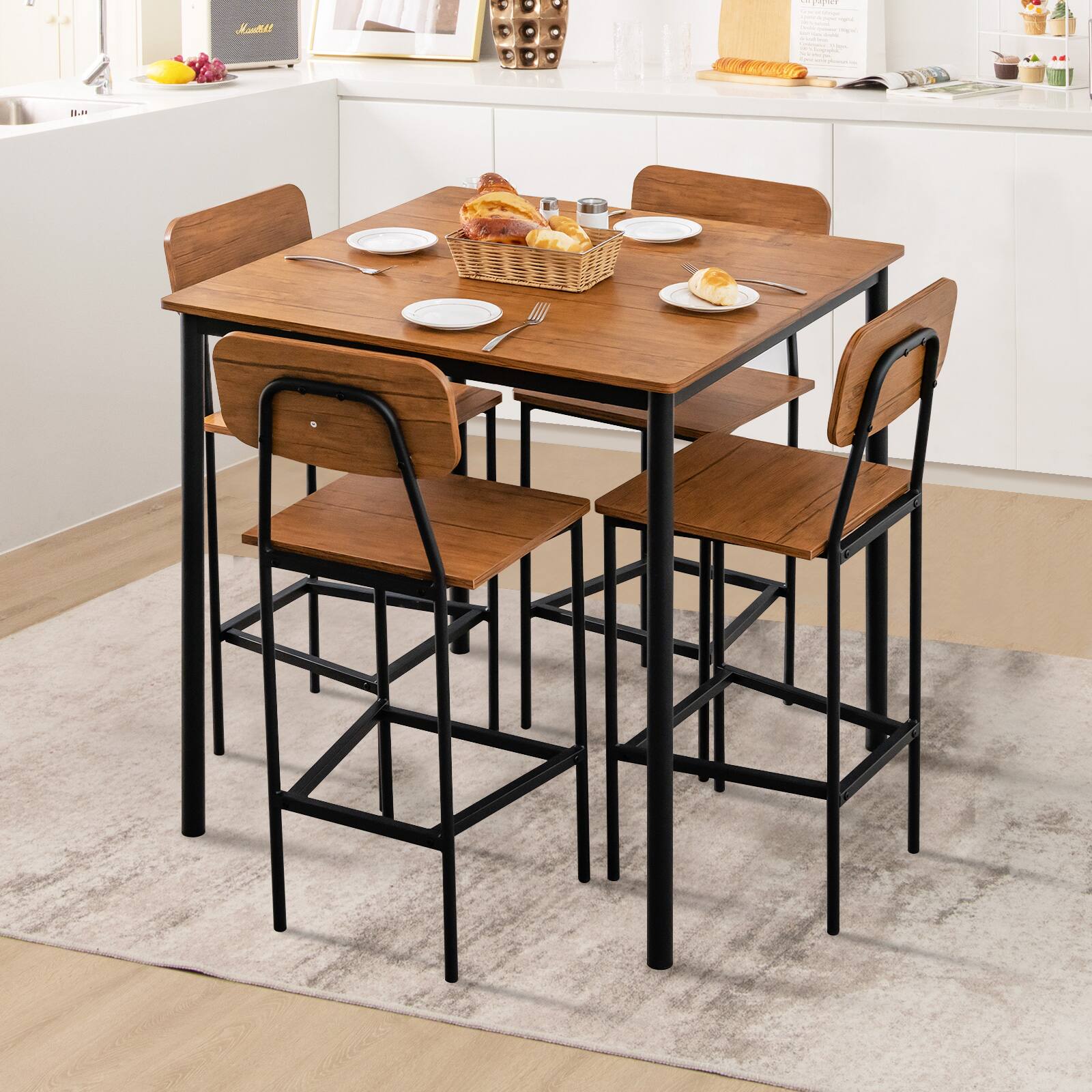 Alt View 8. Ecooso - Industrial 5 Piece Dining Table Set with Counter Height Table and 4 Bar Stools - Brown.