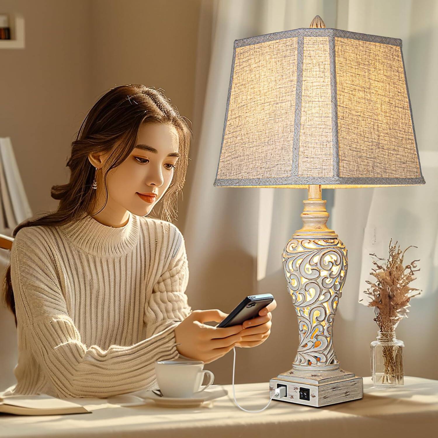 Alt View 2. Cozy Serene - Lamp Night Light USB LED Fabric Table Lamps Bedside with Shades Bedroom Living Nightlight Perfect Nightstands - Dark Brown-Set of 2-27 inch.