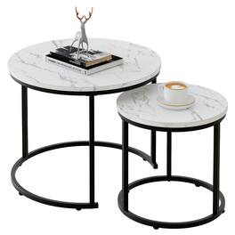 JETRANSPORT - Coffee Table Nesting White Set Of 2 Side Golden Frame Circular Round And Marble Pattern Wooden Tables Living - White Marble Engineered Wood