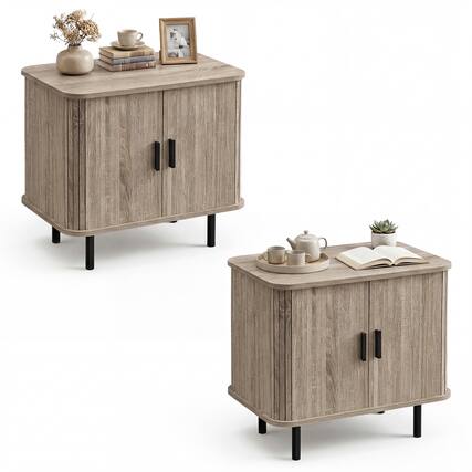 Front. Gymax - Gymax 2PCS End Table Mid Century Nightstand w/Sliding Tambour Doors & Storage Shelf Natural - Yellow.