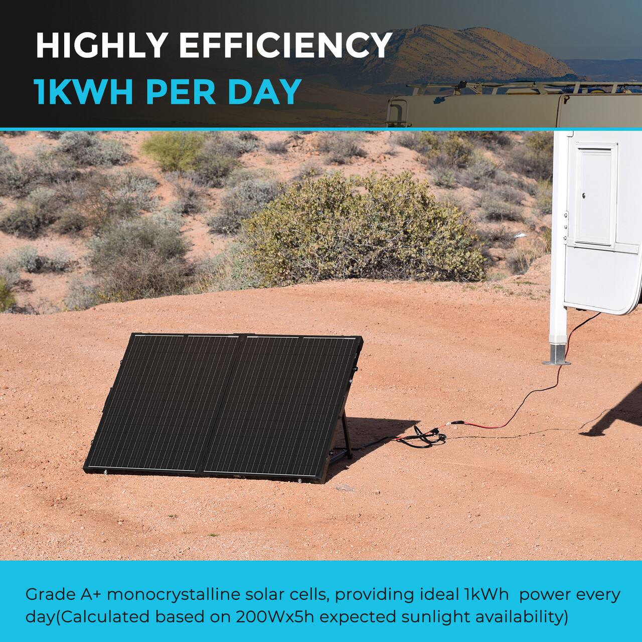 HIGHLY EFFICIENT 1KWH PER DAY Grade A+ monocrystalline solar cells, providing ideal 1kWh power every day (Calculated based on 200Wx5h expected sunlight availability).