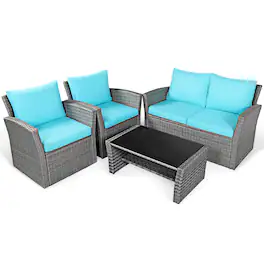 Costway - 4PCS Patio Rattan Furniture Set Sofa Table W/Storage Shelf - Turquoise