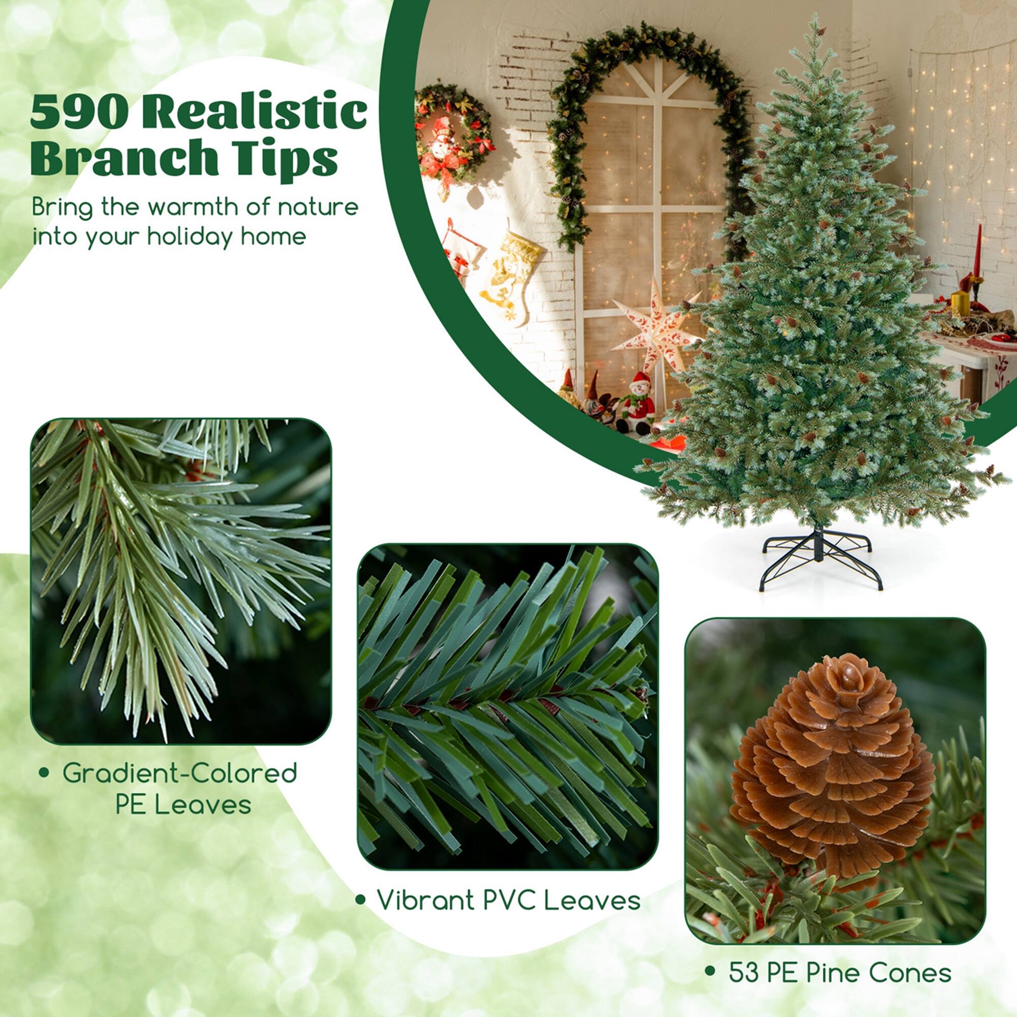 590 Realistic Branch Tips
Bring the warmth of nature into your holiday home
Gradient-Colored PE Leaves
Vibrant PVC Leaves
53 PE Pine Cones