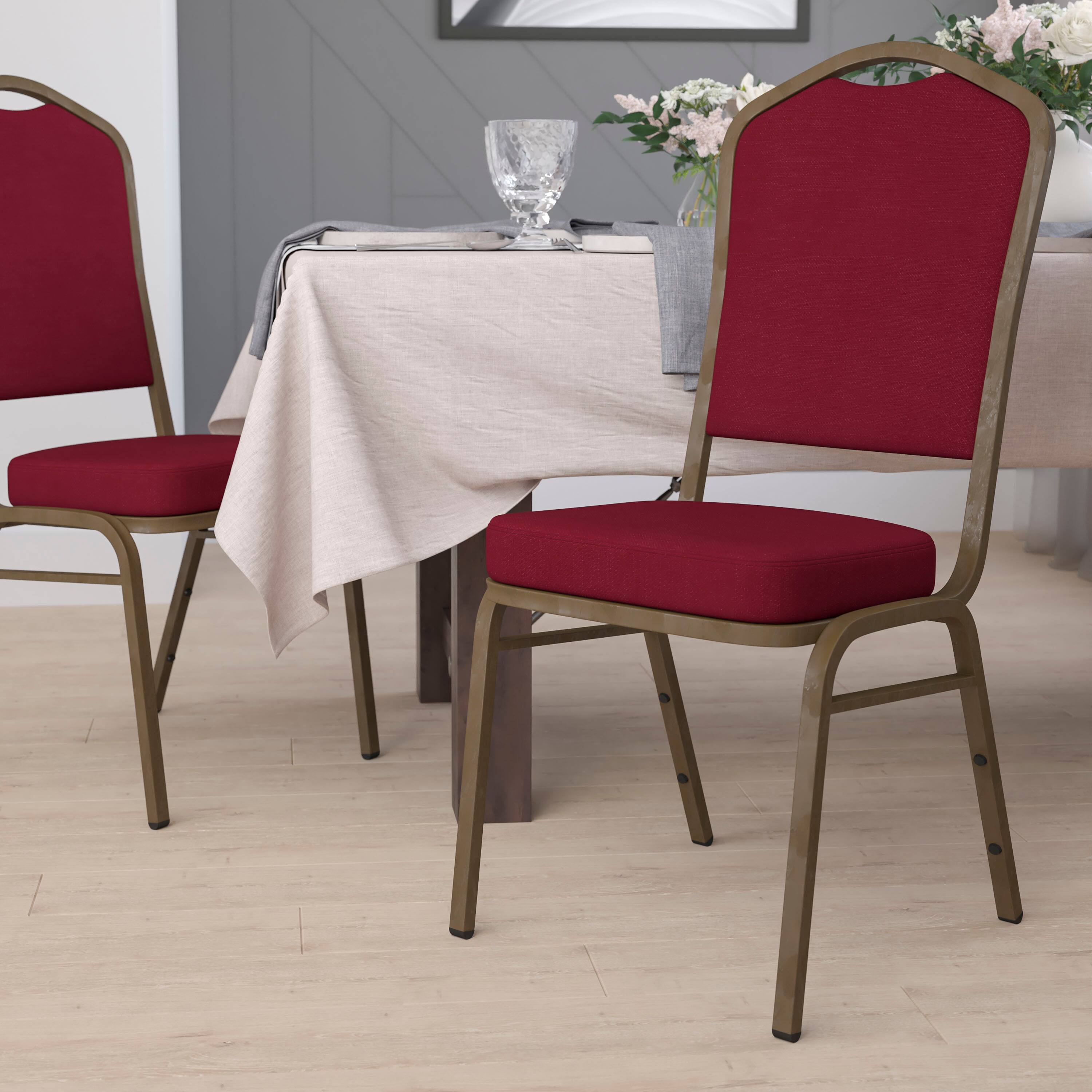 Alt View 1. Emma + Oliver - Crown Back Stacking Banquet Dining Chair - Burgundy Fabric/Gold Vein Frame.
