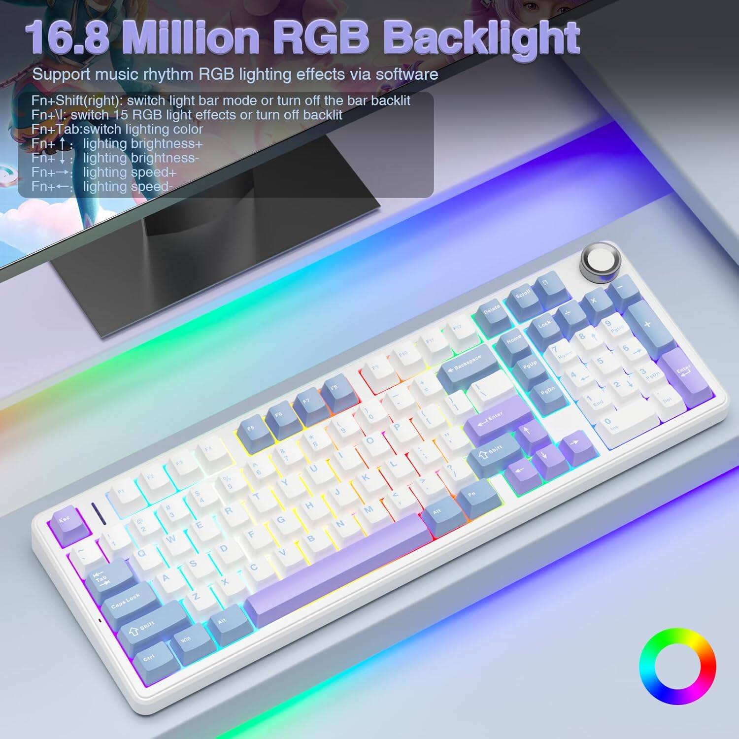 16.8 Million RGB Backlight

Support music rhythm RGB lighting effects via software

- Fn+Shift(right): switch light bar mode or turn off the bar backlit
- Fn+V: switch 15 RGB light effects or turn off backlit
- Fn+Tab: switch lighting color
- Fn+T: lighting brightness+
- Fn+!: lighting brightness-
- Fn++: lighting speed+
- Fn+-: lighting speed-