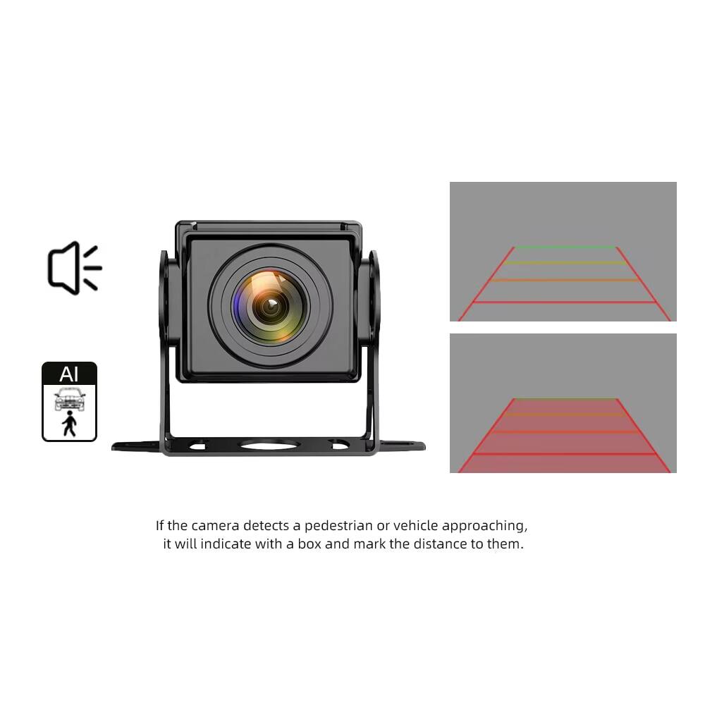 If the camera detects a pedestrian or vehicle approaching, it will indicate with a box and mark the distance to them.