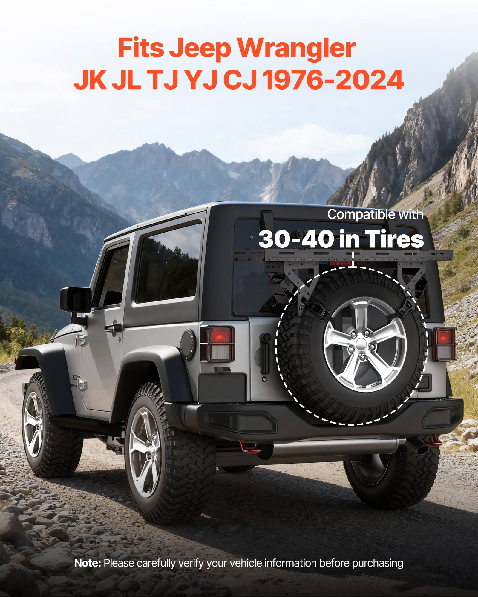 Fits Jeep Wrangler JK JL TJ YJ CJ 1976-2024  
Compatible with 30-40 in Tires  
Note: Please carefully verify your vehicle information before purchasing