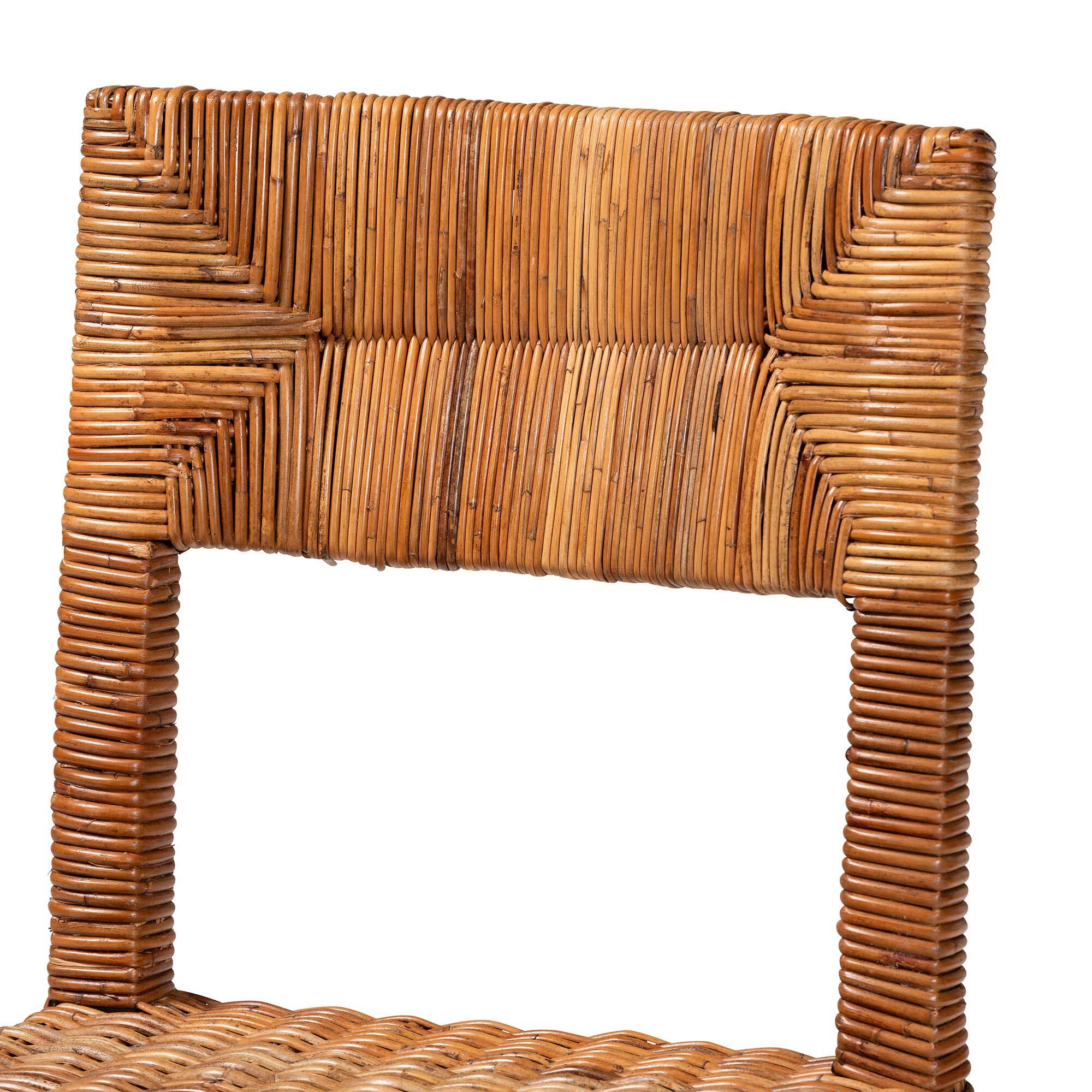 Back. bali & pari - Manrico Modern Bohemian Finished Wood and Natural Rattan 2-Piece Dining Chair Set - Dark Brown/Natural Brown.