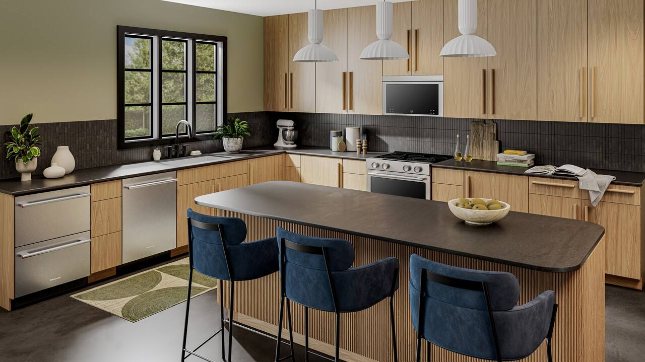 Angle. KitchenAid - 4.4 Cu. Ft. Undercounter Double-Drawer Refrigerator - Black Cabinet/Stainless Doors.